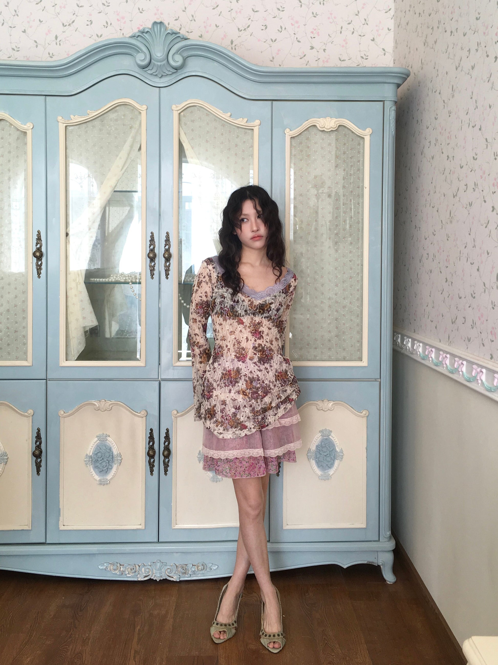 HIBABAO - Vintage Lace Floral Sheer Top shirt HIBABAO