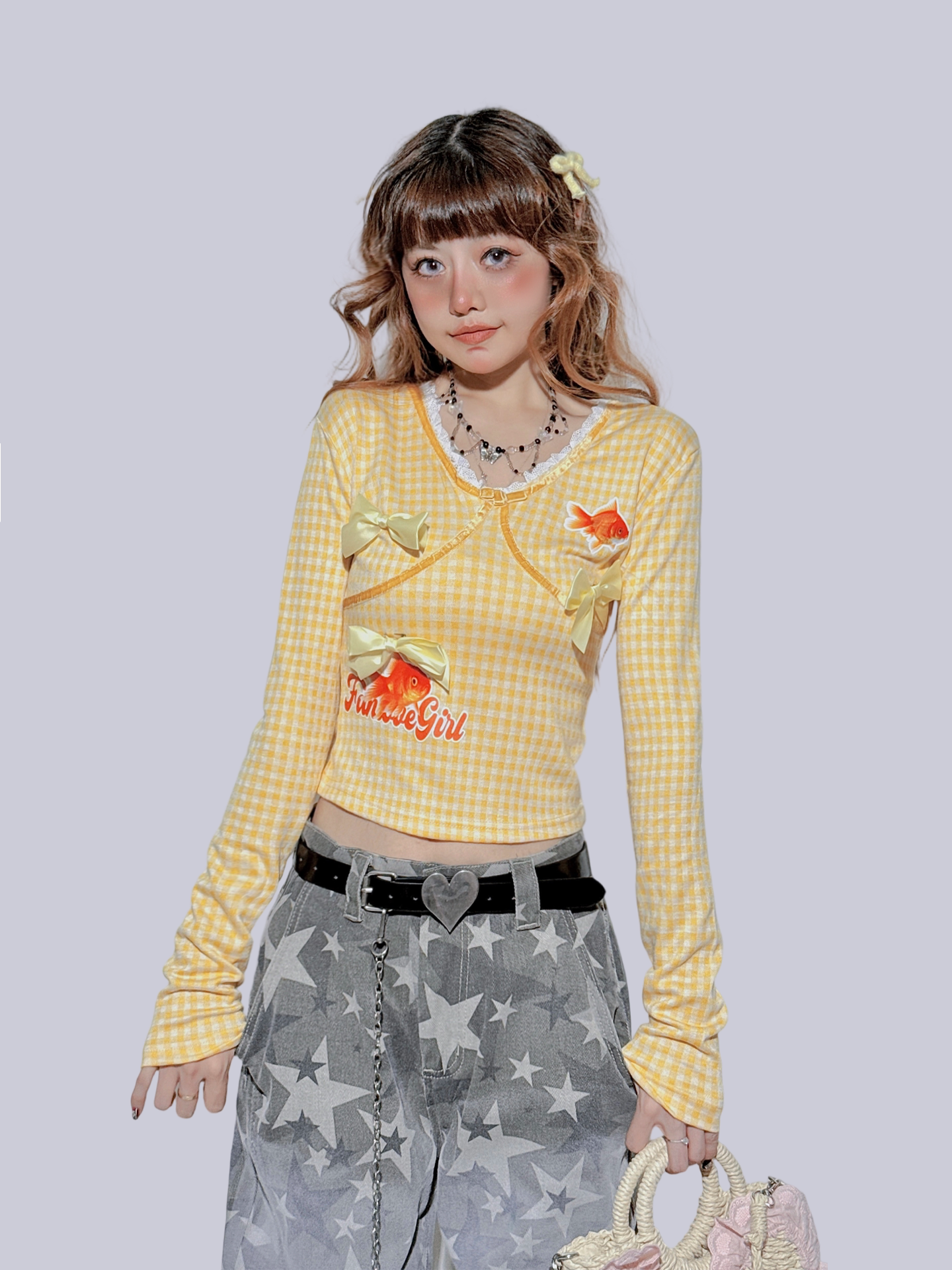 FANLOVEGIRL - Yellow Plaid Bow Embroidered Top shirt FANLOVEGIRL