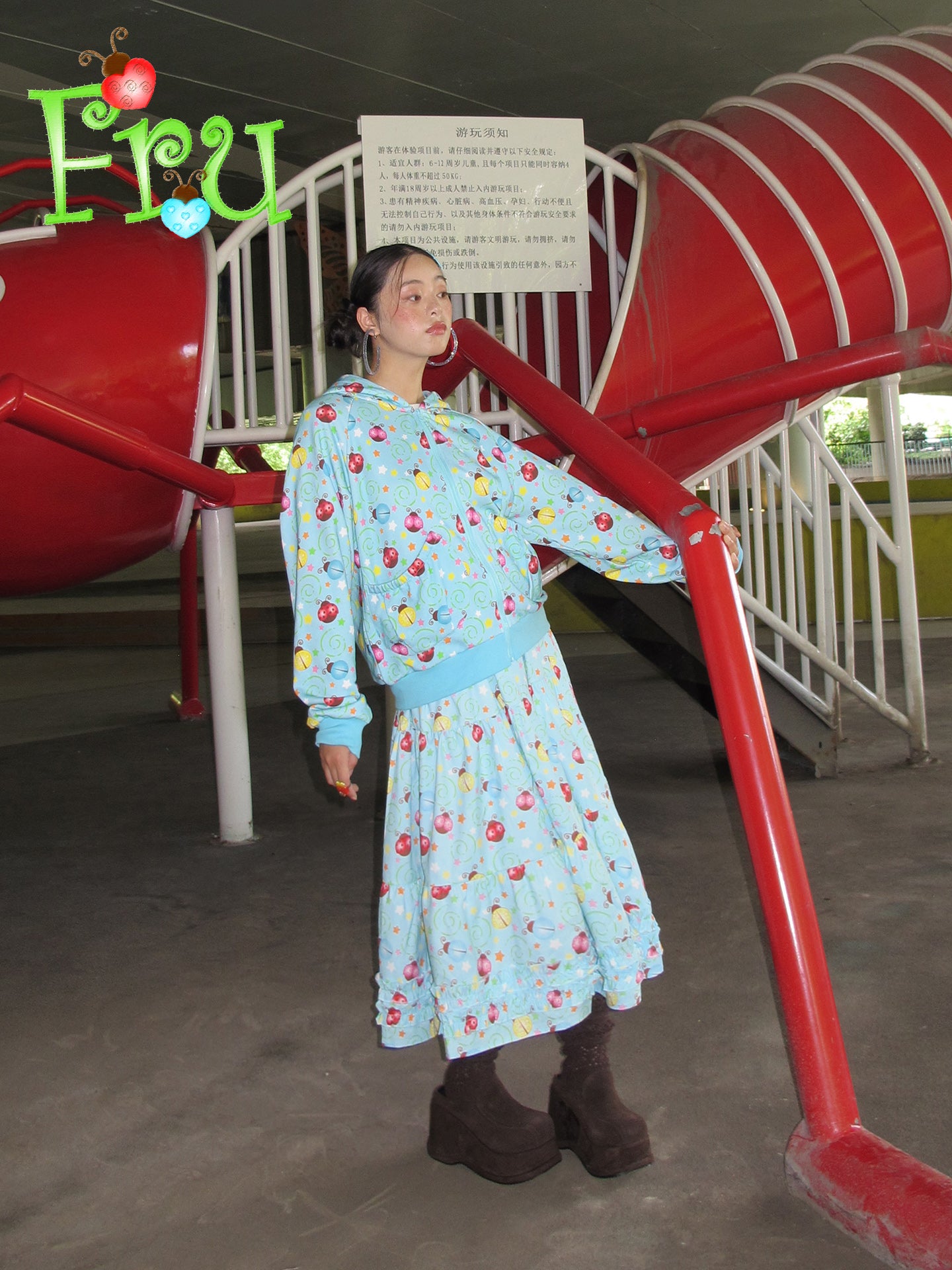 FruFru - Kawaii Hoodie Skirt Set Blue Beetle Print set frufru