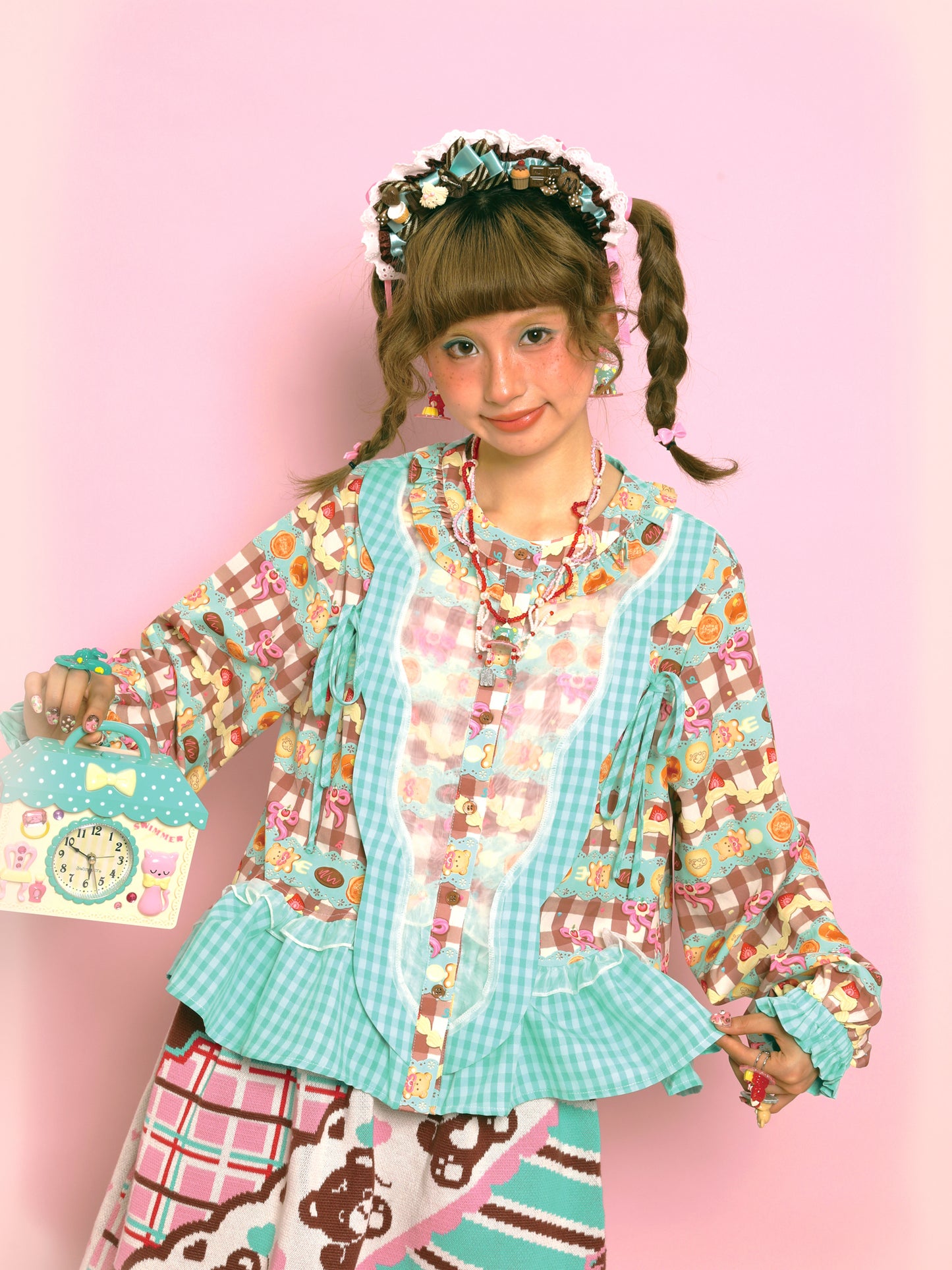 Lutra Jump - Kawaii Blouse Plaid Print Lace Ribbon Detail blouse Lutra Jump