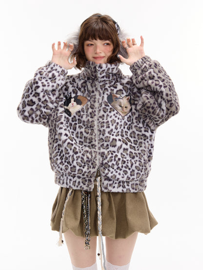 ziziFei - Girly Kei Leopard Cat Fleece Jacket coat ziziFei