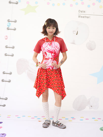 FRUITS Red Cherry Hoodie Dress | Cherry Dot Print & Mesh Sleeve Dress dress Fruits
