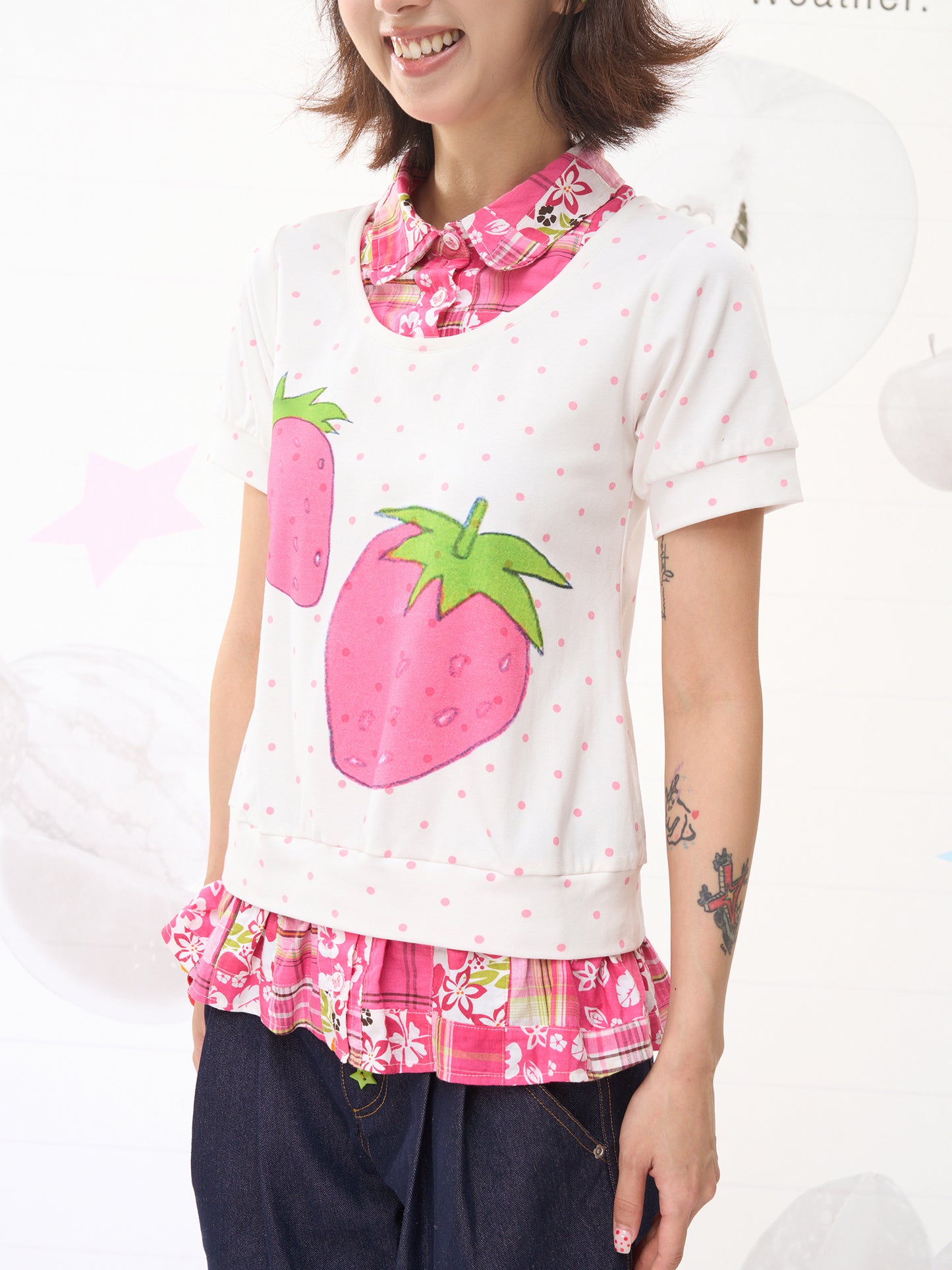 FRUITS Strawberry Polka Dot Tee | Patchwork Layered Two-in-One Tee tshirt Fruits
