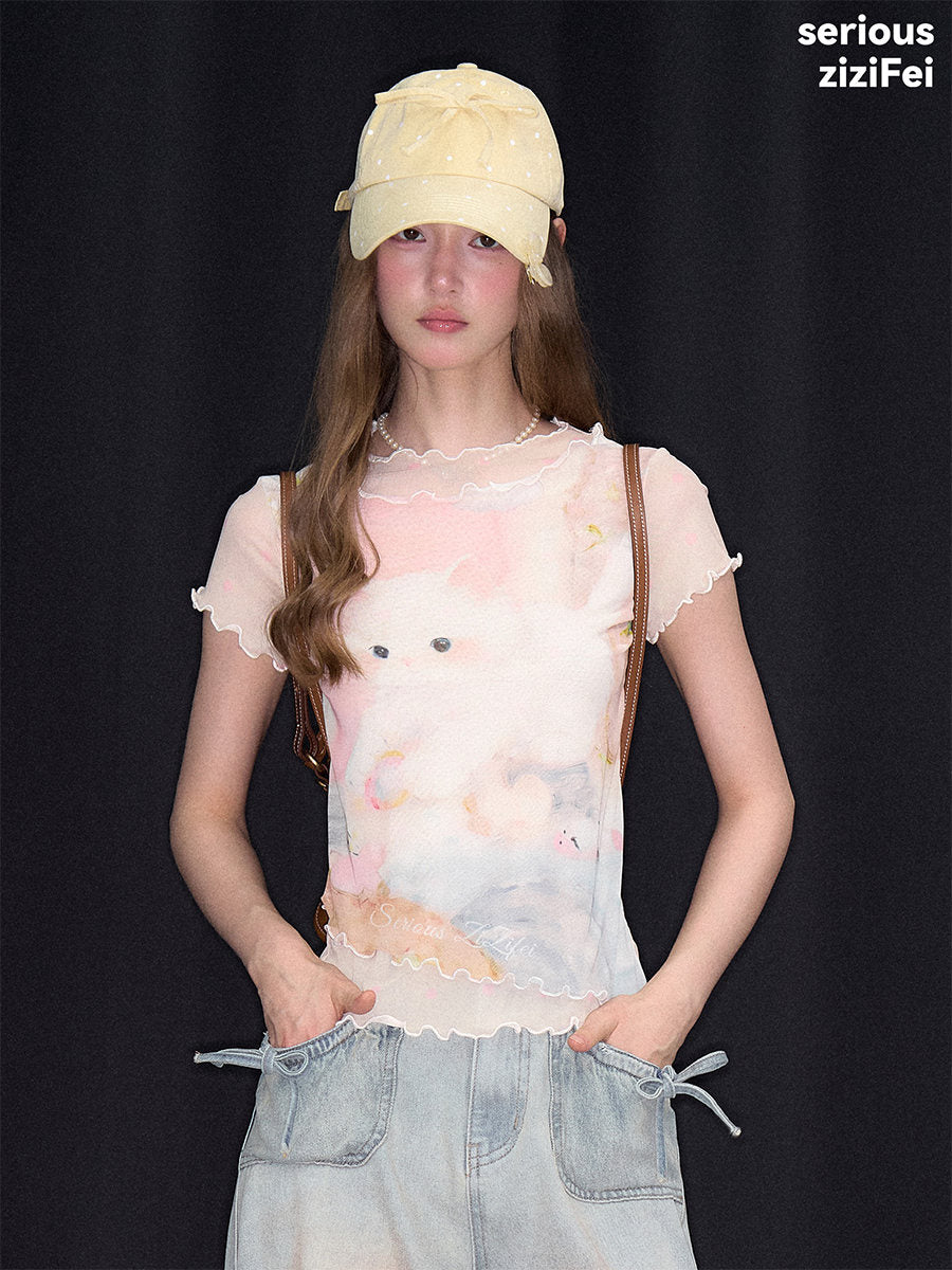 ziziFei - Cat Dream Mesh Ruffle Hem Tee tshirt ziziFei