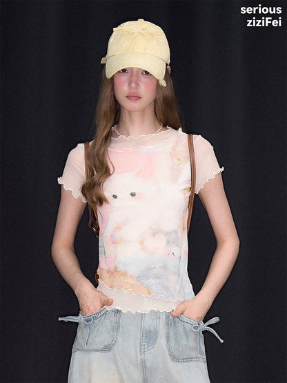 ziziFei - Cat Dream Mesh Ruffle Hem Tee tshirt ziziFei