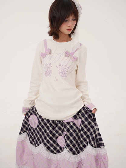 RabbitRain - Purple Plaid Pudding Cake Embroidered Skirt skirt RabbitRain
