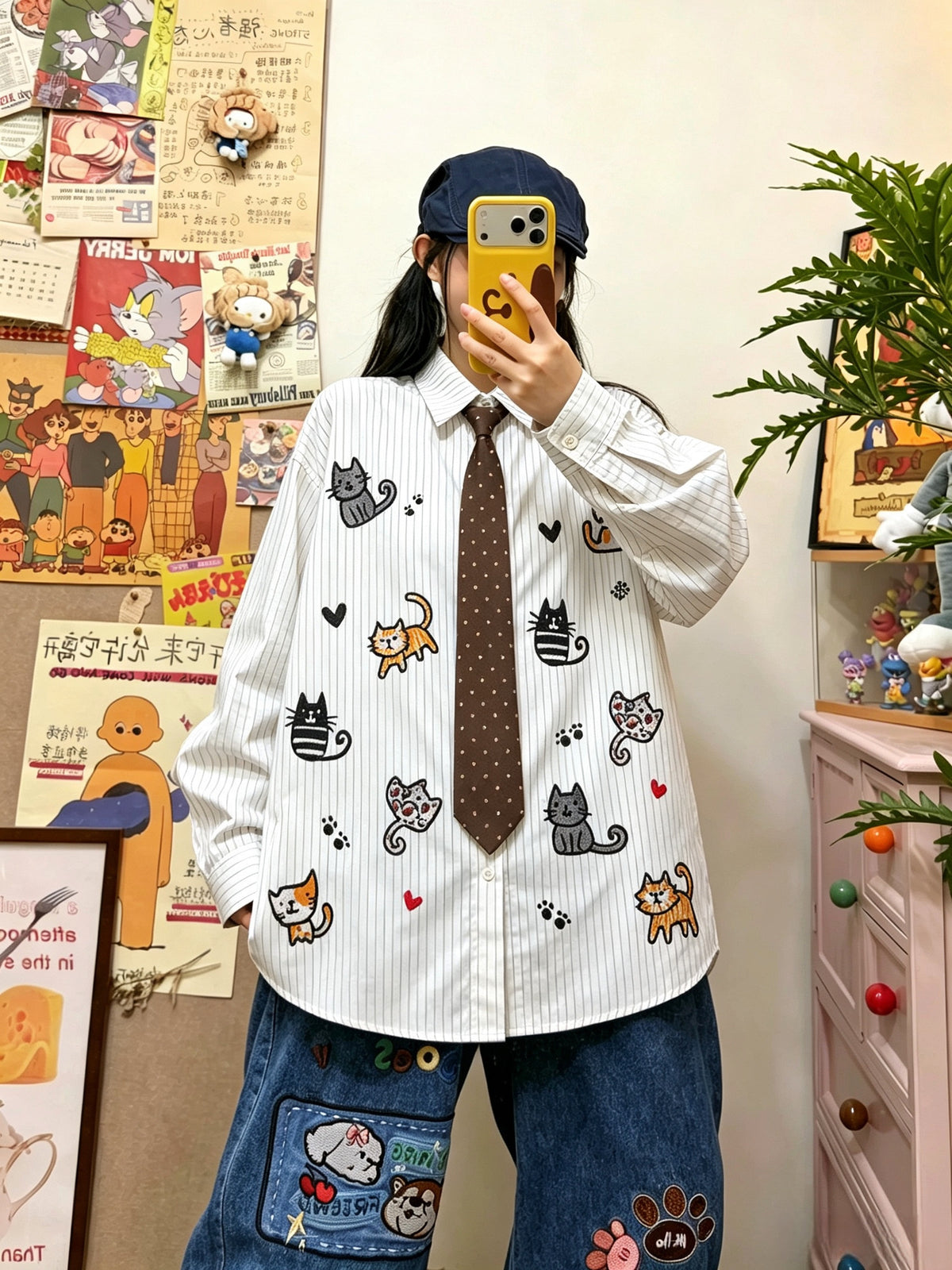 BIBULU - Cat Embroidered White Striped Shirt shirt BIBULU