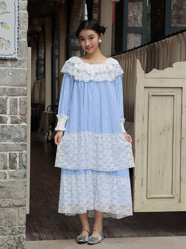 Nanjun Vintage - Blue Stripe Lace Princess Maxi Dress dress Nanjun Vintage
