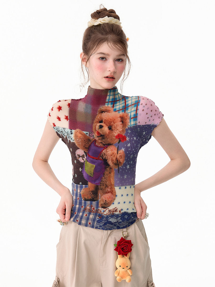 ziziFei - Teddy Patchwork Pleated T-Shirt shirt ziziFei