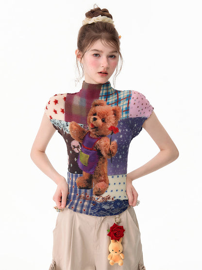 ziziFei - Teddy Patchwork Pleated T-Shirt shirt ziziFei