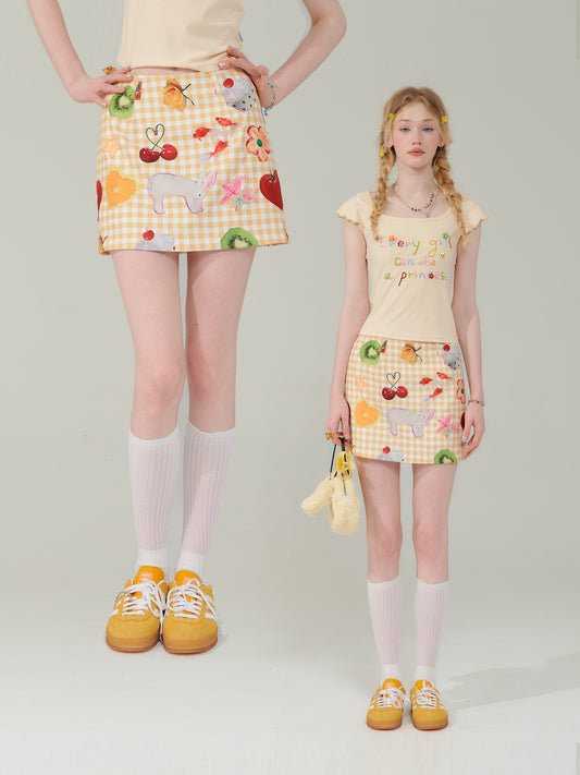 ziziFei - Girly Fruit Print Plaid High Waist Mini Skirt