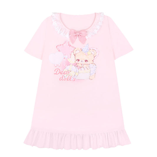 Dear Doll - Star Balloon Lace Collar Tee Dress dress dear doll Pink S