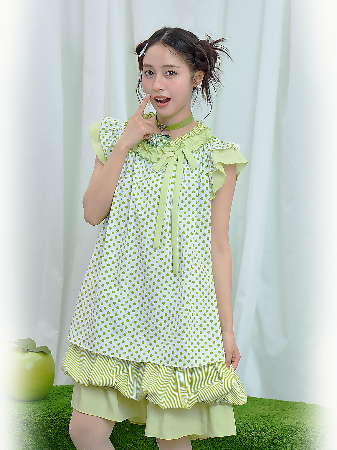 Moon Meadow - Green Polka Tiered Dress dress Moon Meadow