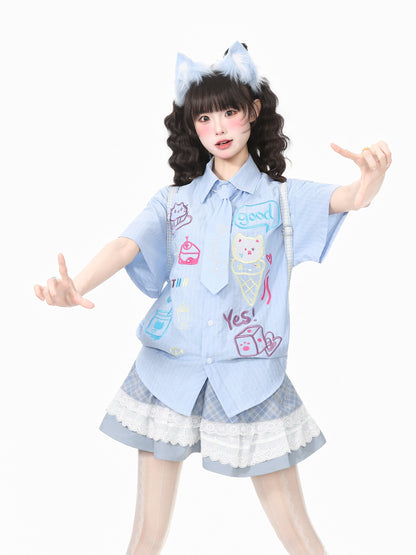 Languid Park - Cat Embroidery Tie Shirt shirt Languid Park Blue S