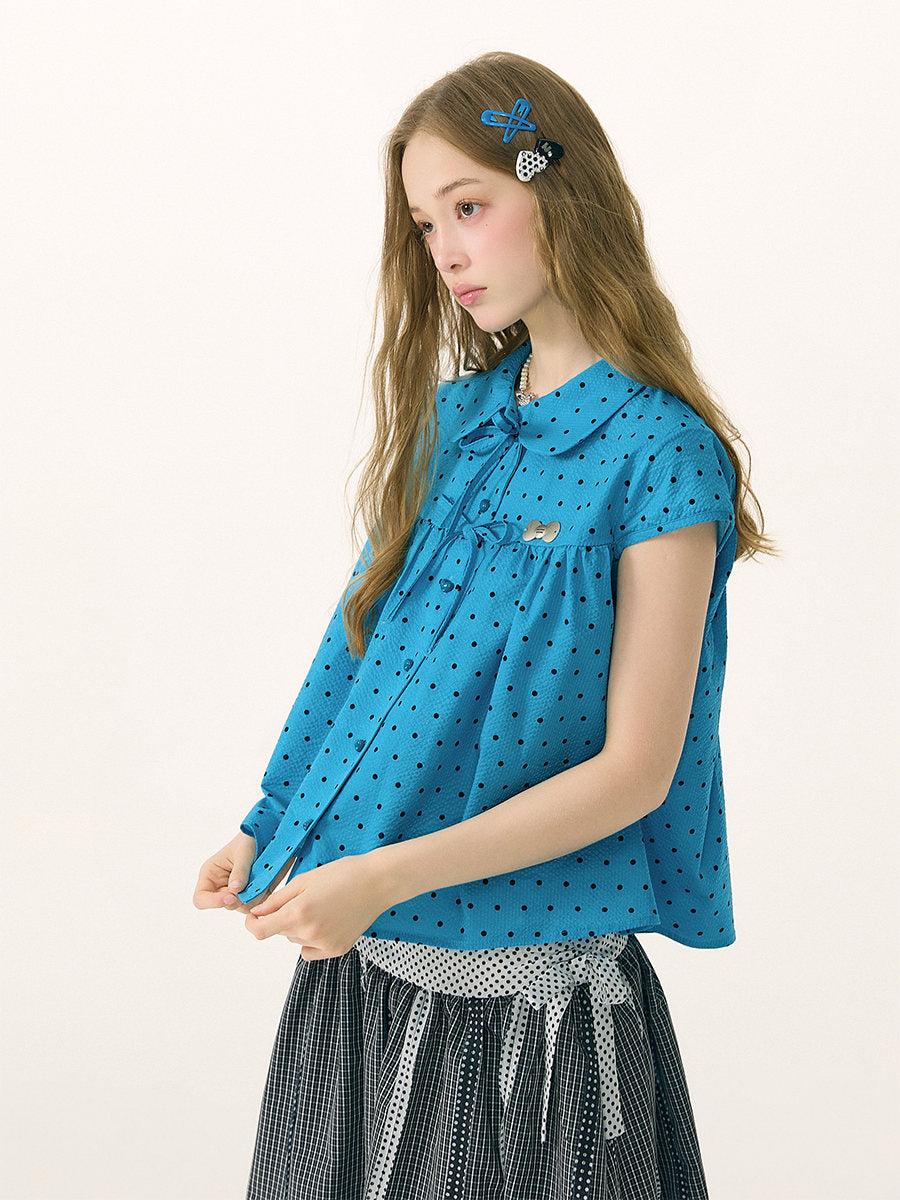 ziziFei - Blue Polka Dot Bow Doll Collar Shirt blouse ziziFei