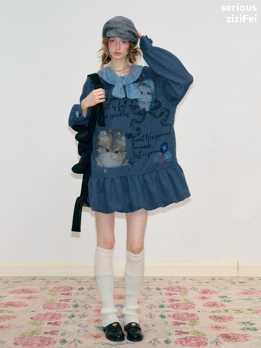 ziziFei - Navy Cat Print Bow Collar Knit Dress dress ziziFei