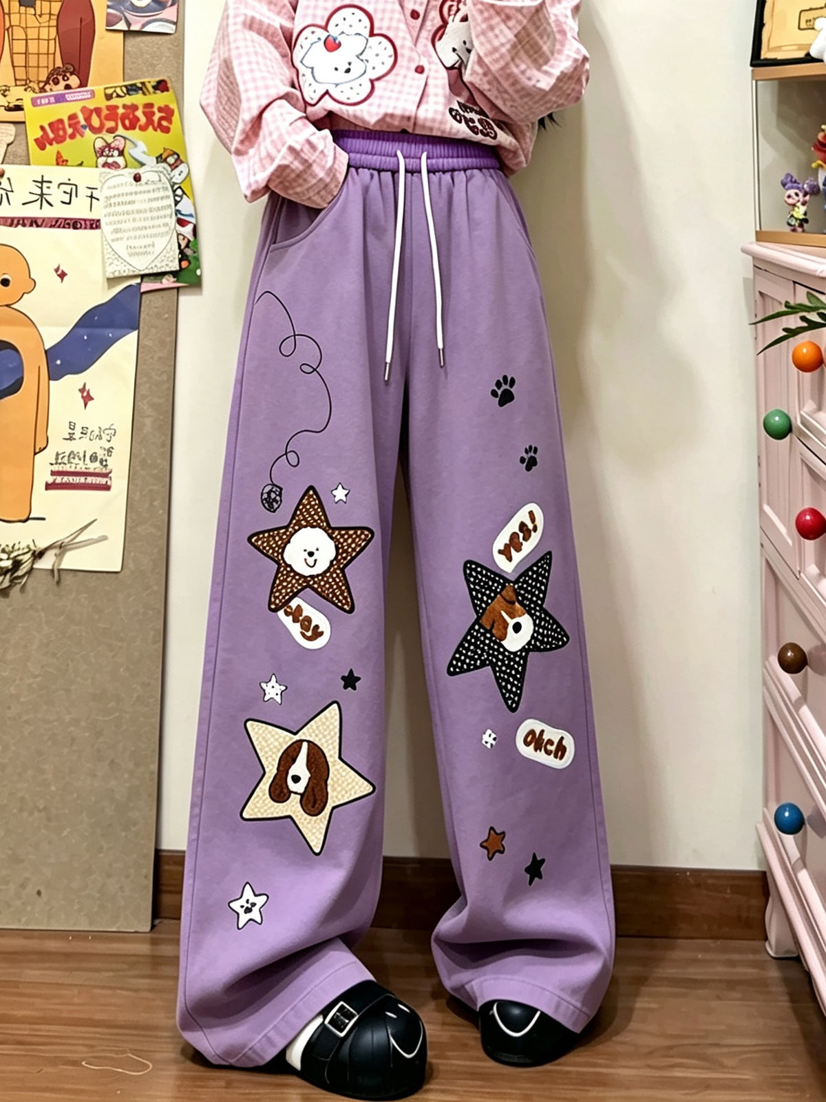 BIBULU - Purple Puppy Print Wide-Leg Pants pants BIBULU