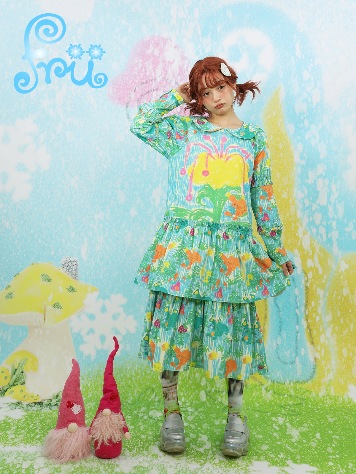 frufru Green Floral Dress | Doll Collar Loose Dress | Winter Dress Long-sleeve Dress dress frufru