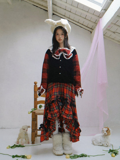daytoday everyday institute - Red Plaid Velvet Bow Jacket jacket daytoday everyday institute