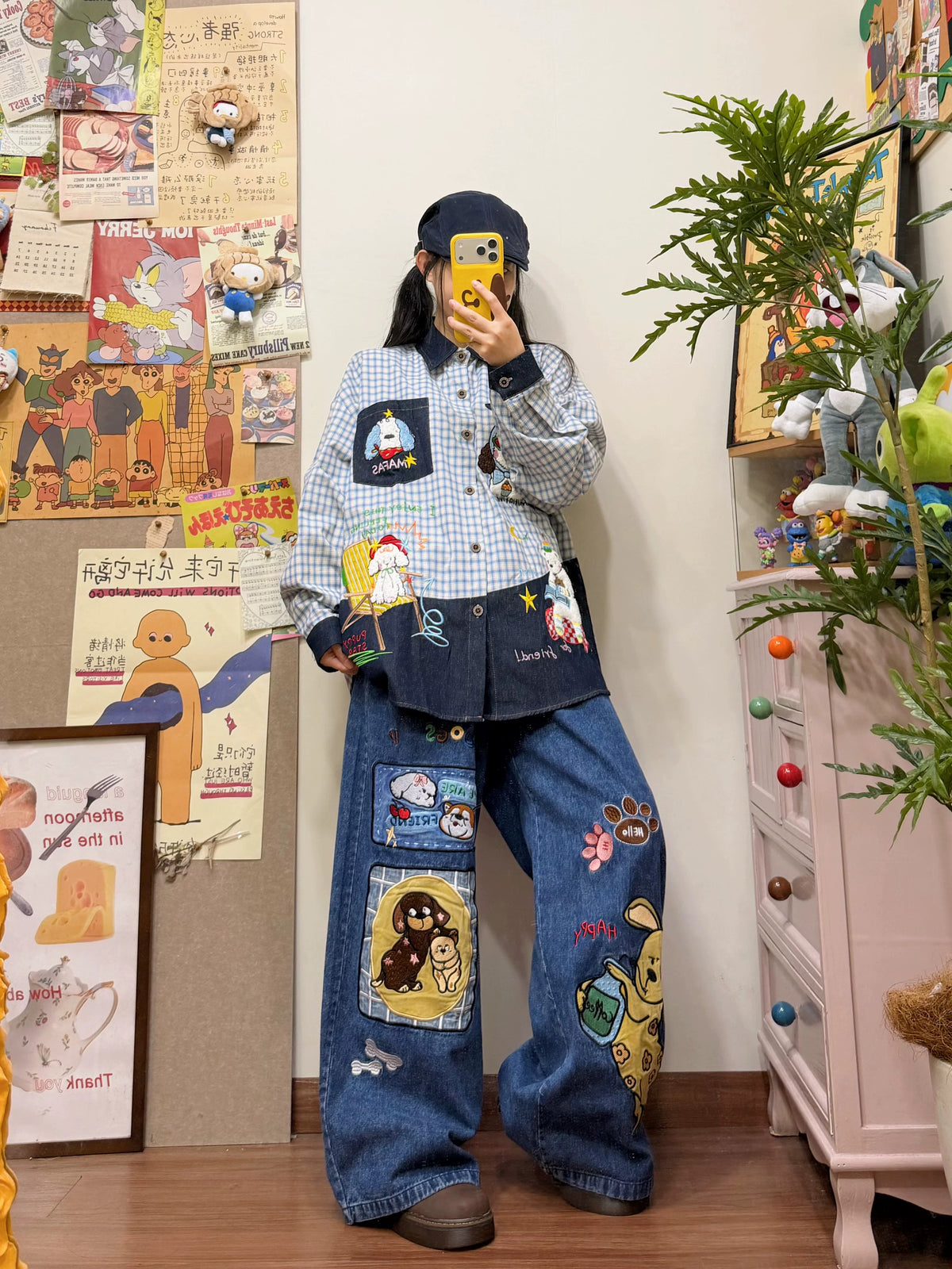 BIBULU - Kawaii Dog Embroidered Plaid Shirt shirt BIBULU