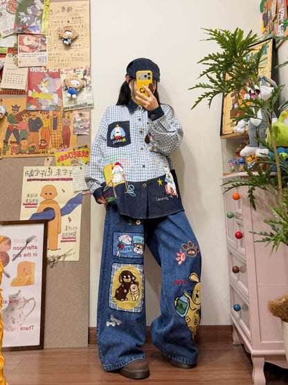 BIBULU - Kawaii Dog Embroidered Plaid Shirt shirt BIBULU
