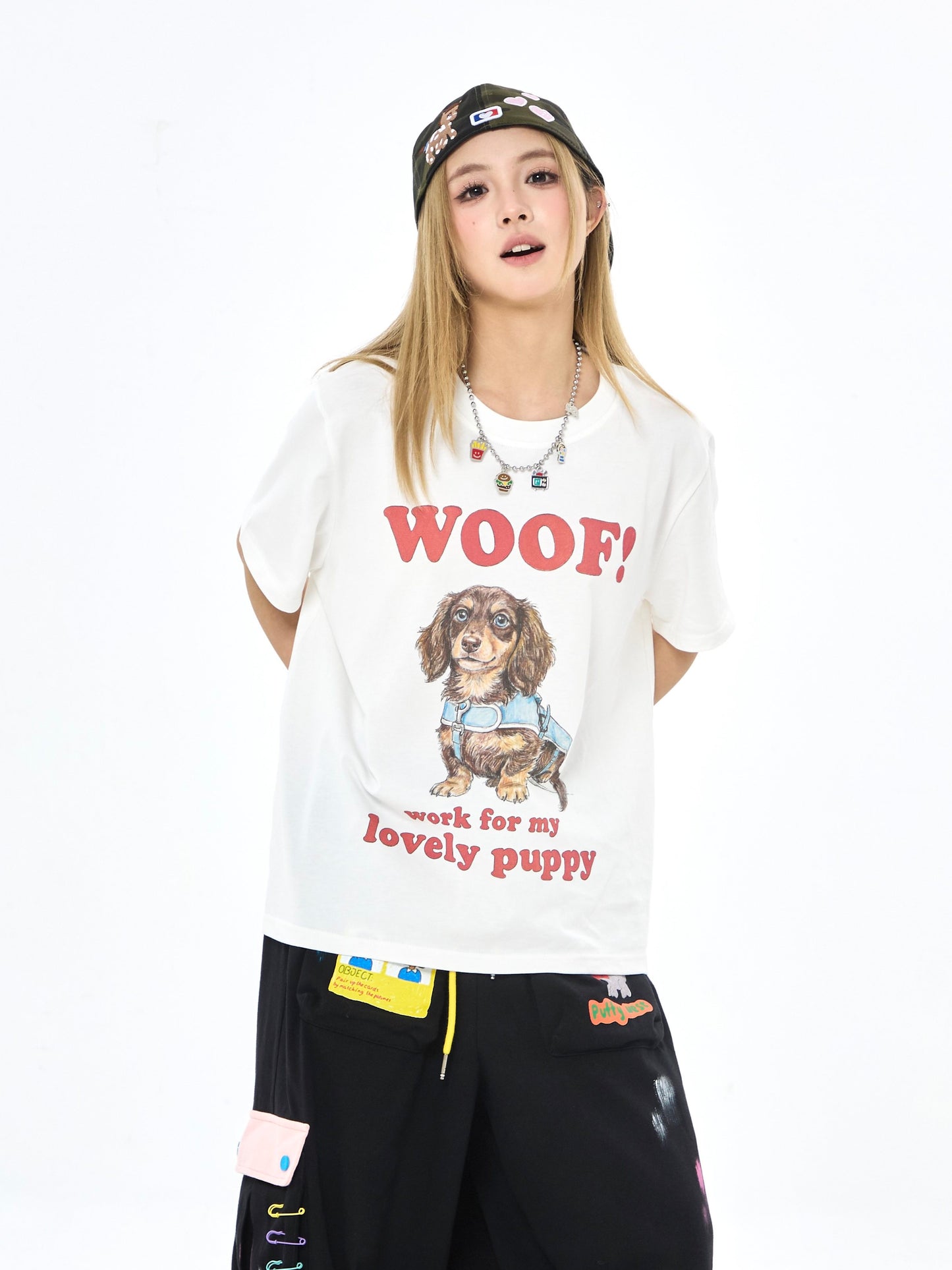 Robootoo - White Dachshund Print Oversized T-Shirt shirt Robootoo