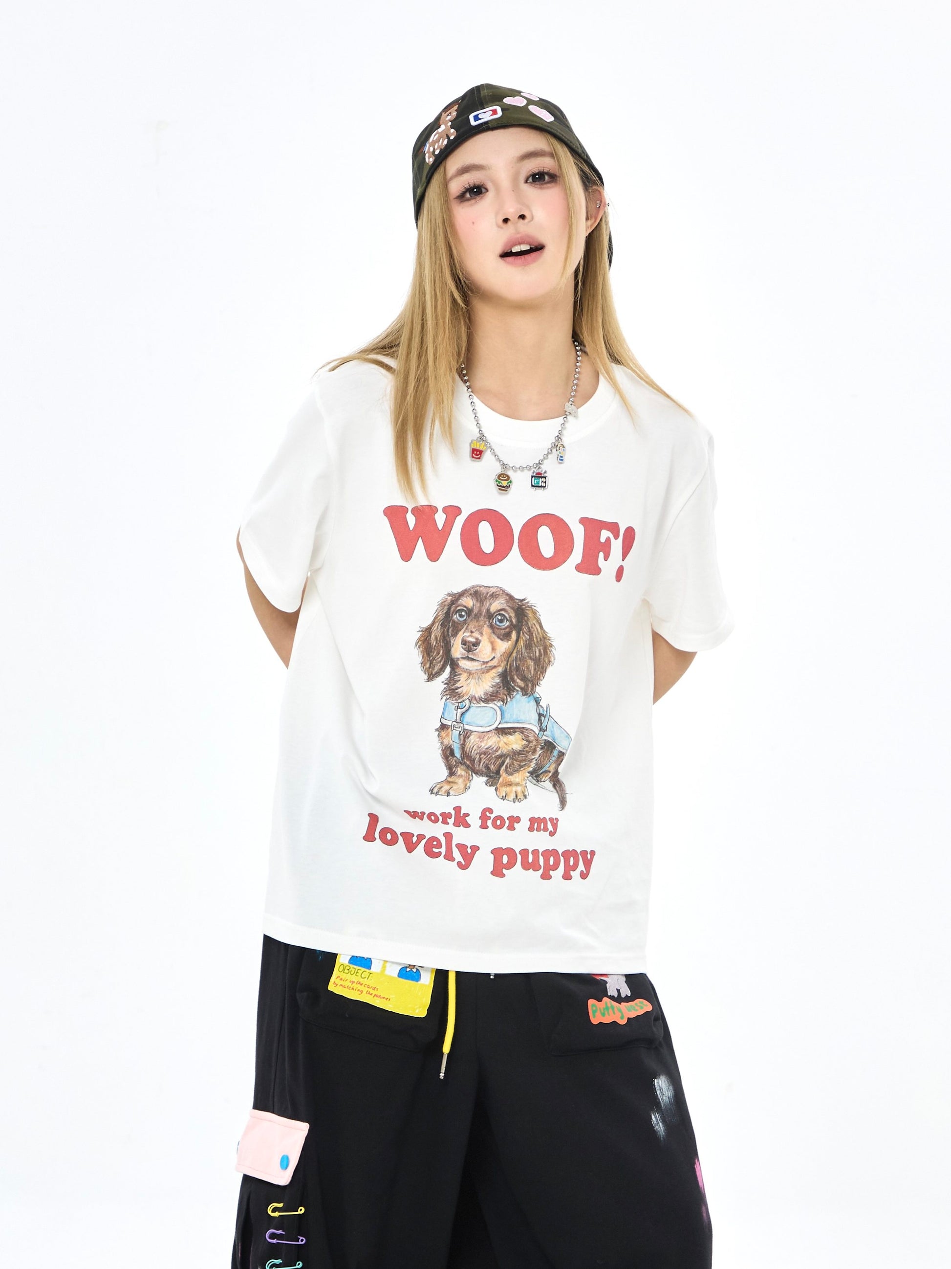 Robootoo - White Dachshund Print Oversized T-Shirt shirt Robootoo
