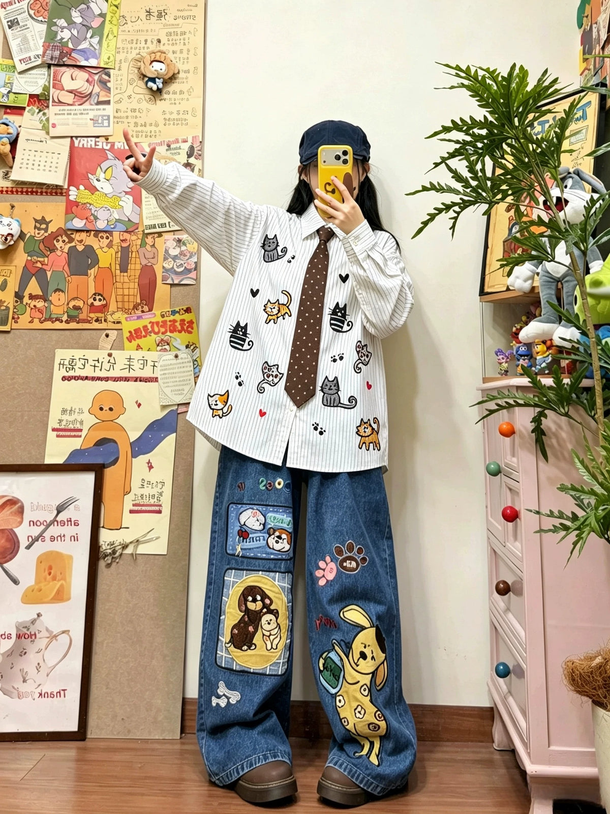 BIBULU - Cat Embroidered White Striped Shirt shirt BIBULU