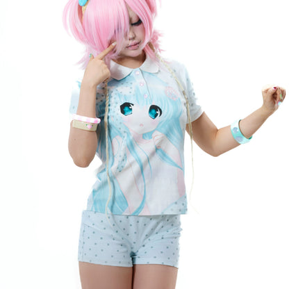 SelfishGhost - Blue Polo & Polka Dot Shorts Set set SelfishGhost Top Only S