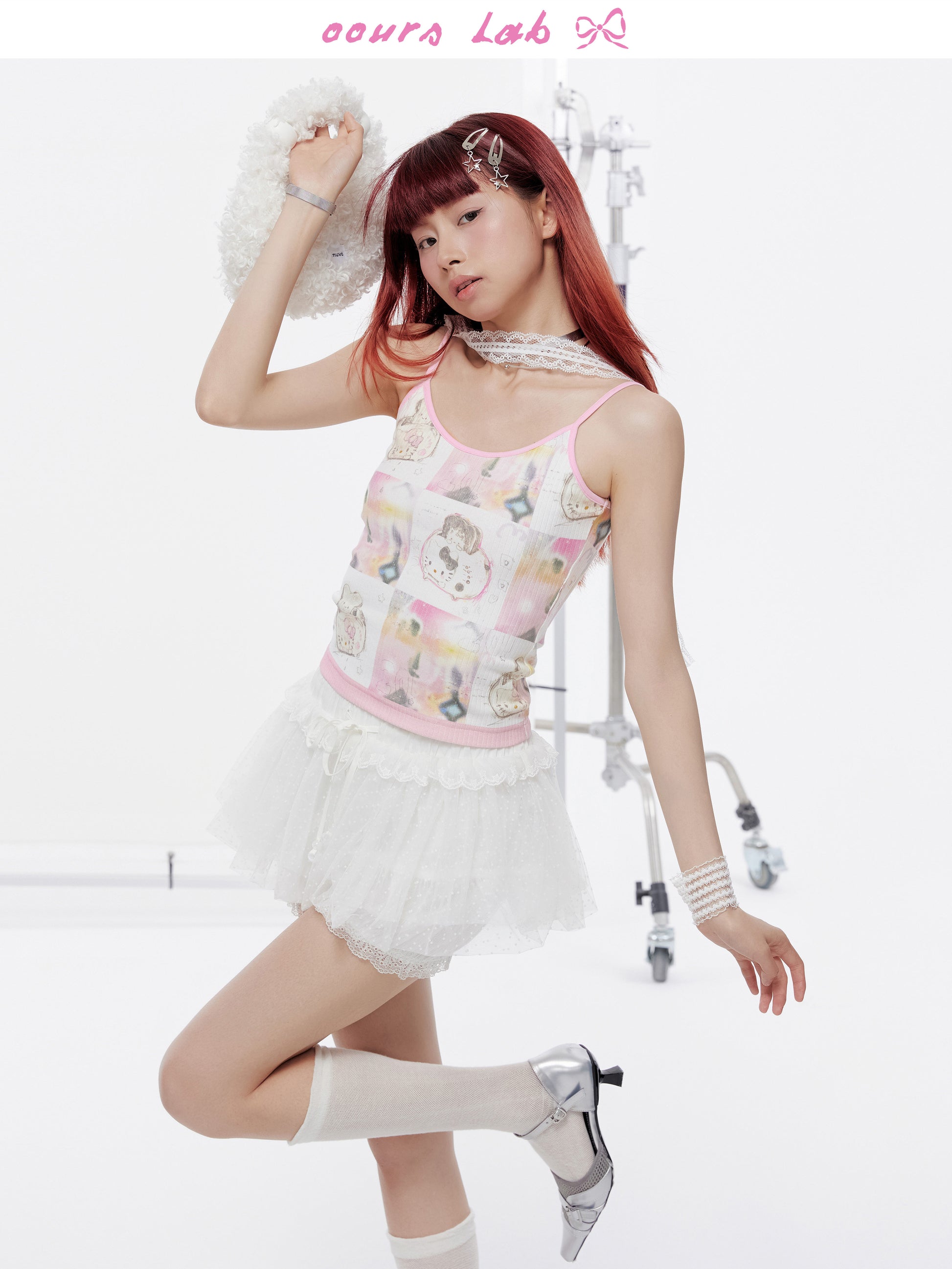 OOURSLAB - Cartoon Print Lace Strap Cami Top camisole OOURSLAB