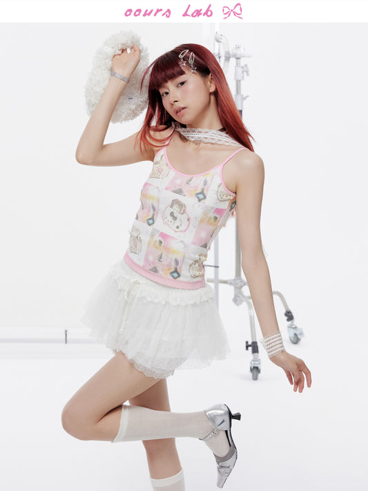 OOURSLAB - Cartoon Print Lace Strap Cami Top camisole OOURSLAB
