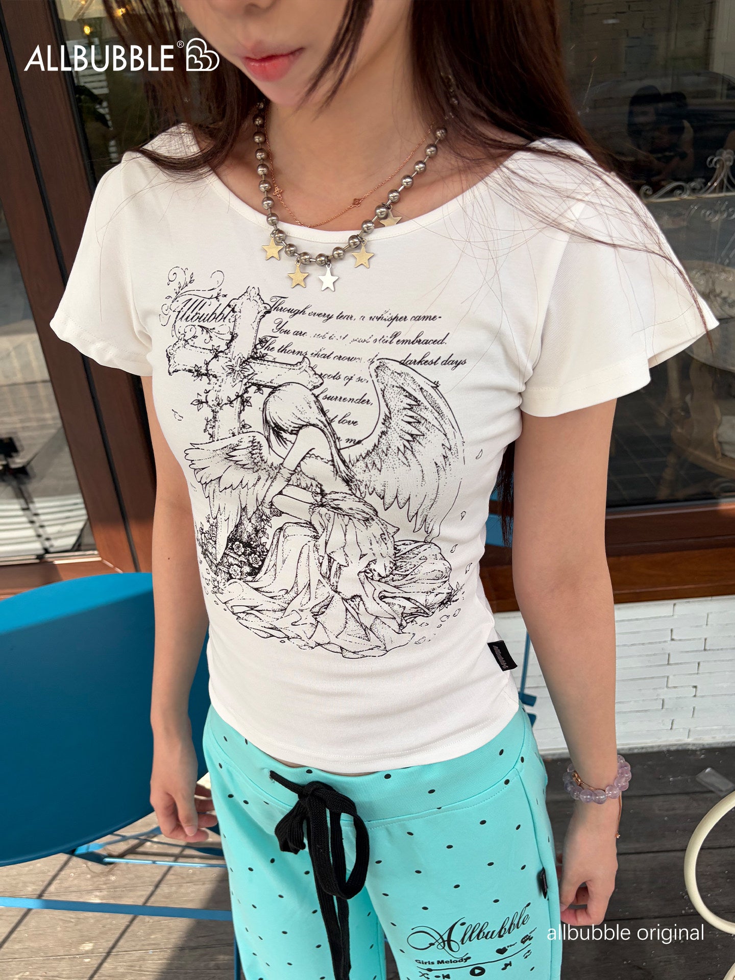 Allbubble - Angel Print Ruffle Sleeve Crop T-Shirt tshirt Allbubble