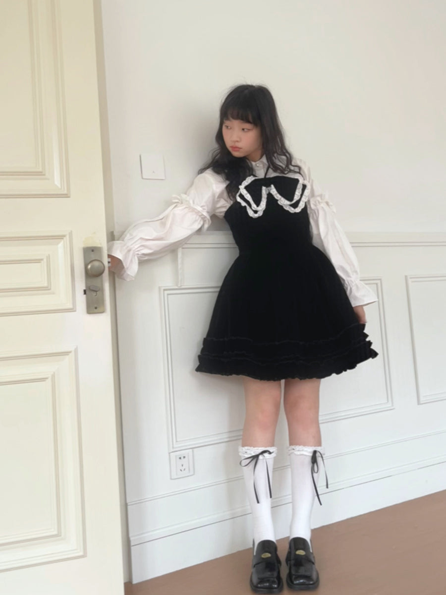 daytoday everyday institute - Girly Fashion Velvet Bow Black Flare Dress dress daytoday everyday institute