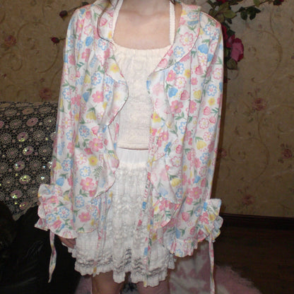 HIBABAO - Floral Ruffle Tie Cardigan Shirt shirt HIBABAO