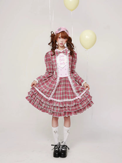 SOS MEME CLUB - Pink Plaid Retro Dress Lolita Fashion Dress dress SOS MEME CLUB
