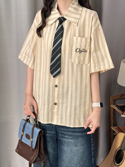 Retro Stripe Shirt with Tie shirt soldout Khaki M