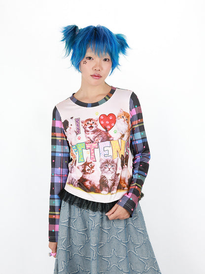 Nihonkids - I Love Cats Plaid Long Sleeve Tee shirt NIHON KIDS