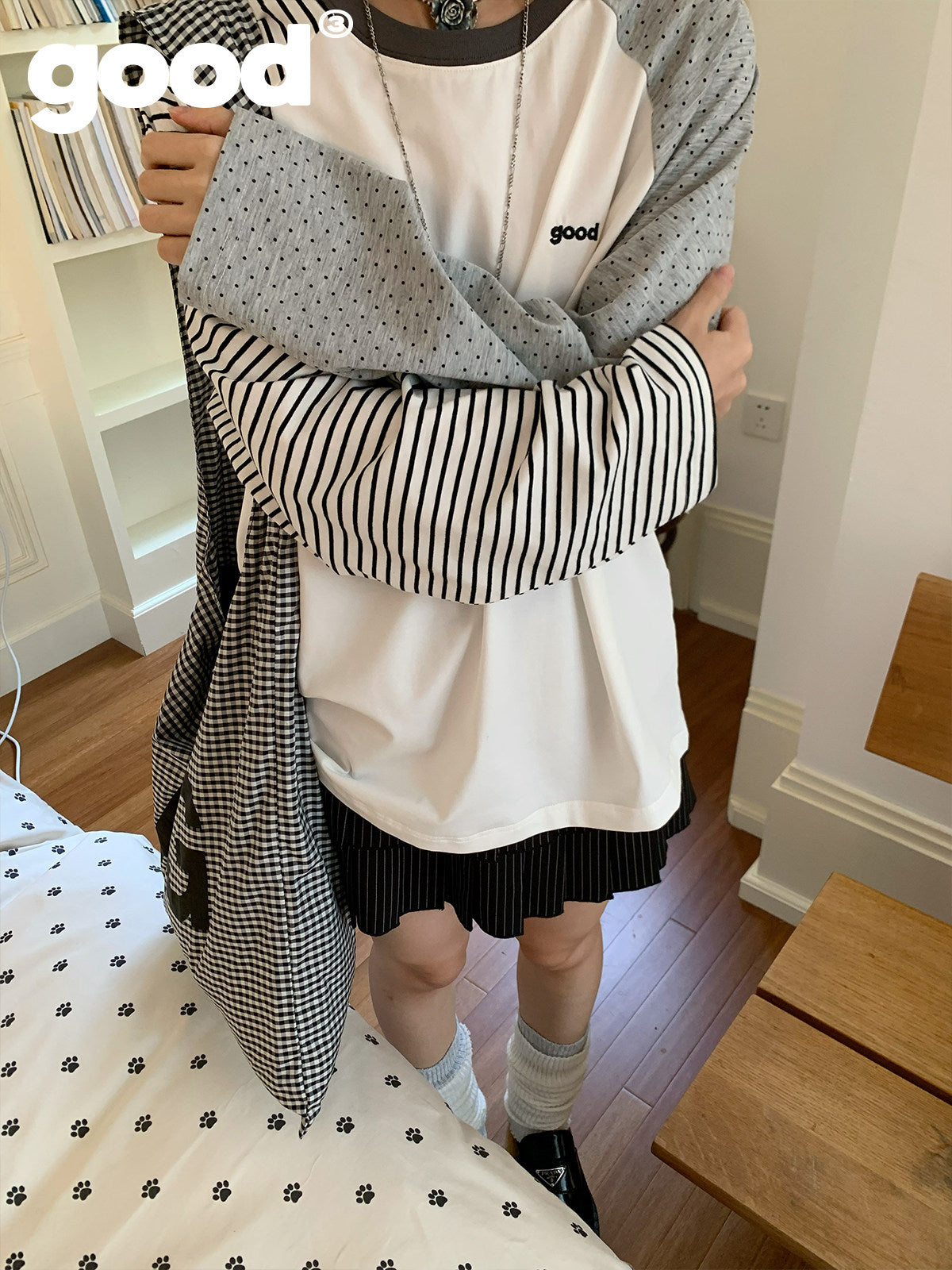 Meihao Store - Striped Polka Dot Patchwork Long Sleeve T-Shirt