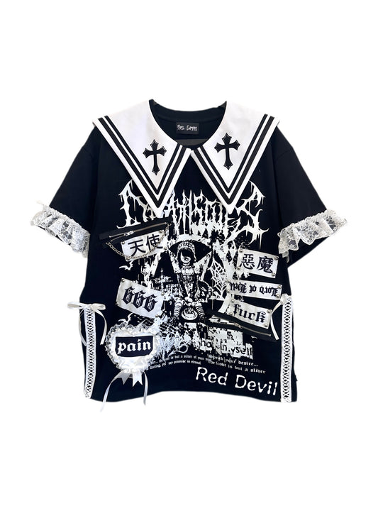 RedDevil - Gothic Visual Kei Lace Patchwork T-Shirt shirt Red Devil