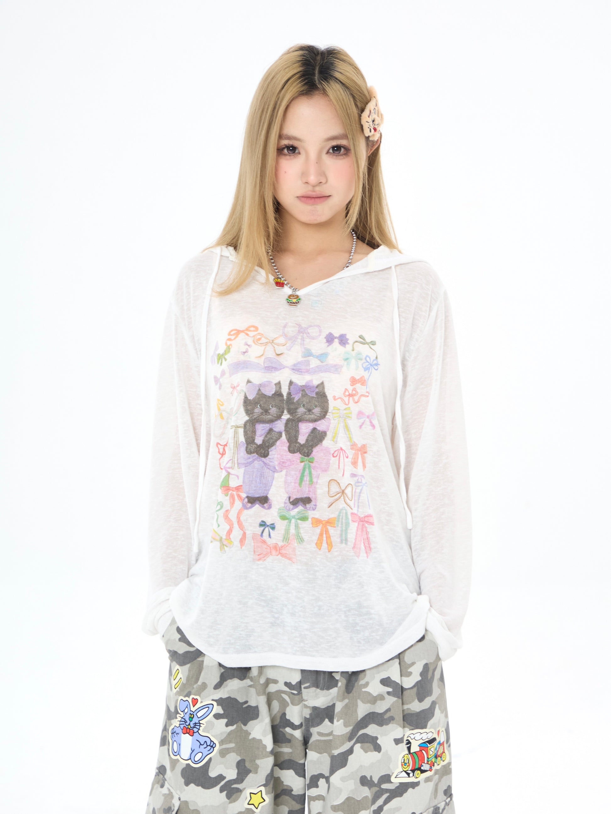 Robootoo - White Cat Print Hooded Sun Protection Tee shirt Robootoo