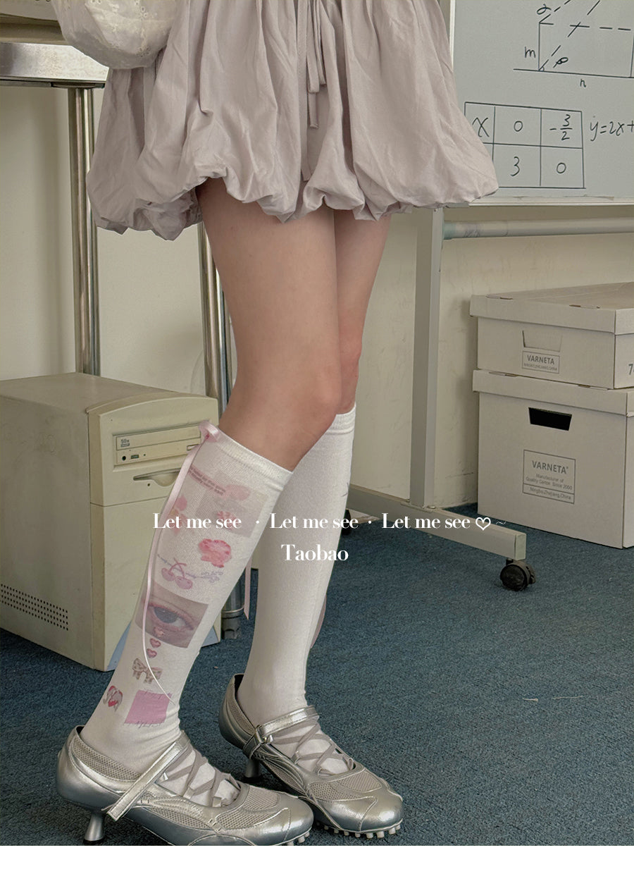 LET ME SEE Kawaii Bow Socks | Harajuku Cotton Printed Calf Socks socks let me see
