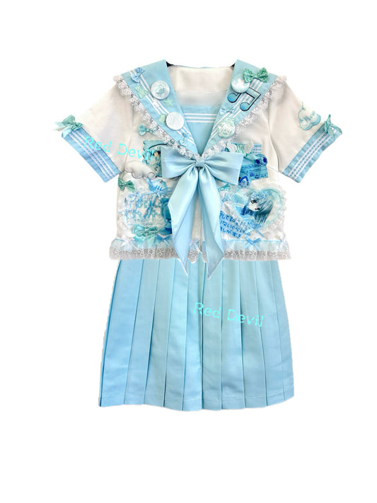 RedDevil - Decora Kei Mint Lace Sailor Dress Set set Red Devil Top + Skirt Set S
