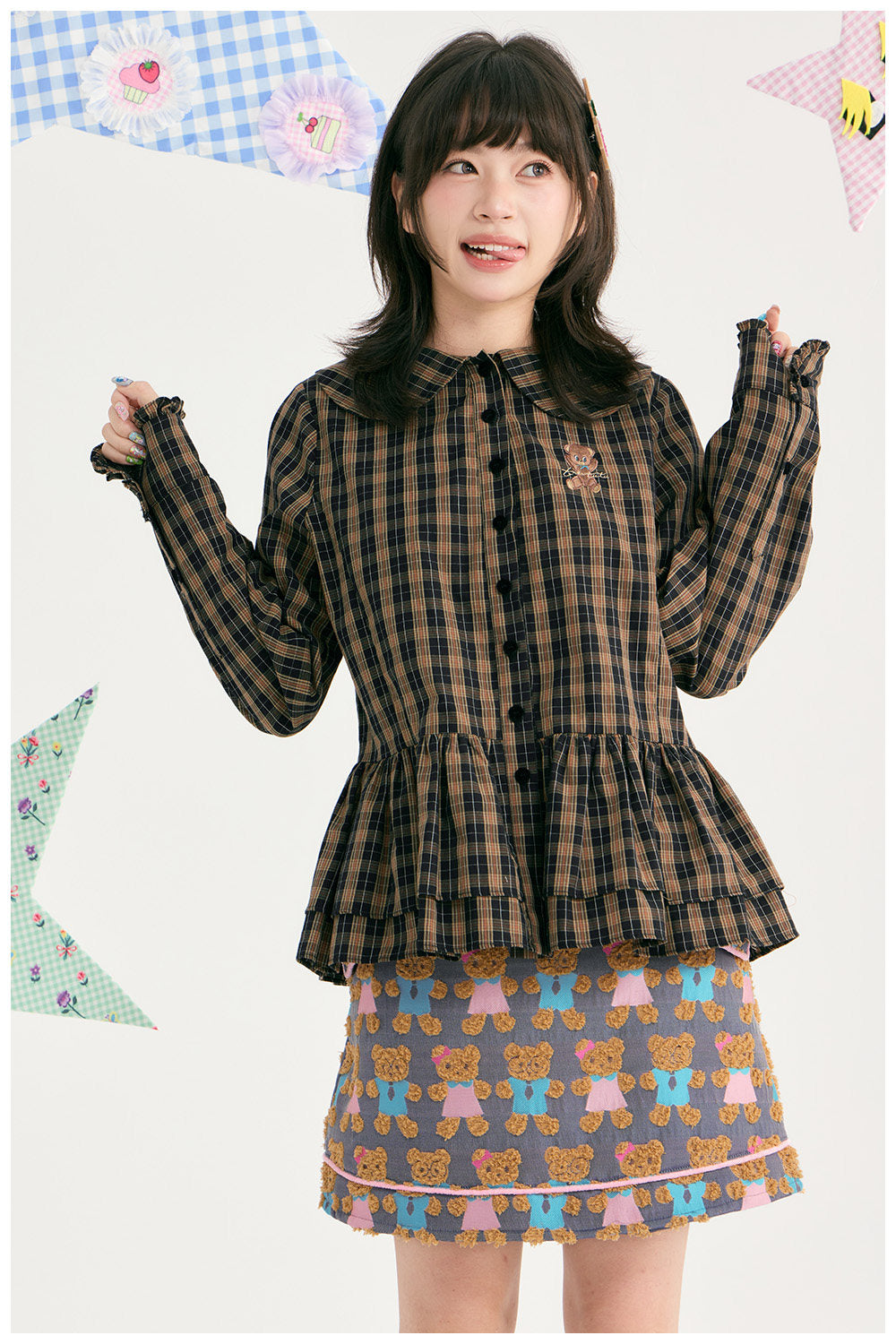 tntntutu - Brown Plaid Embroidered Peter Pan Collar Shirt shirt tntntutu