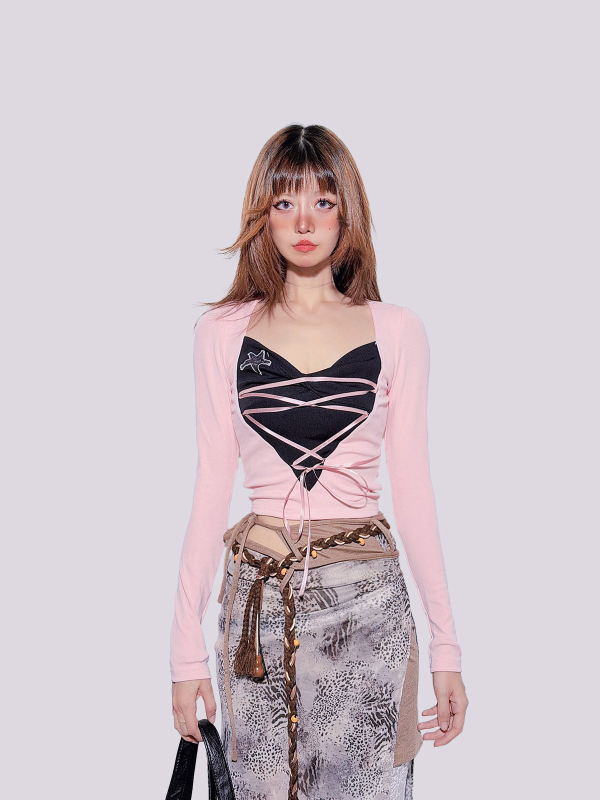 FANLOVEGIRL - Black & Pink Faux-Layer Fitted Top shirt FANLOVEGIRL