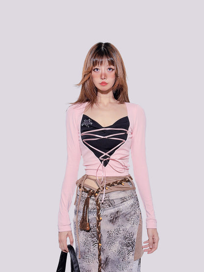 FANLOVEGIRL - Black & Pink Faux-Layer Fitted Top shirt FANLOVEGIRL