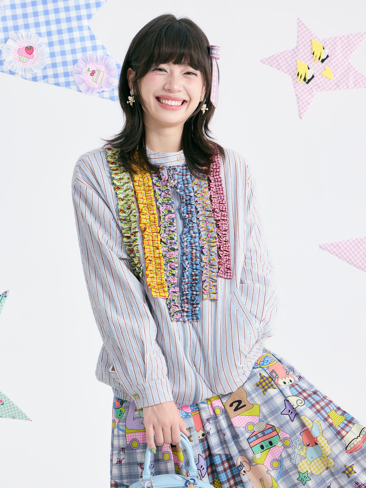 tntntutu - Blue Stripe Colorful Ruffle Collar Jacket jacket tntntutu