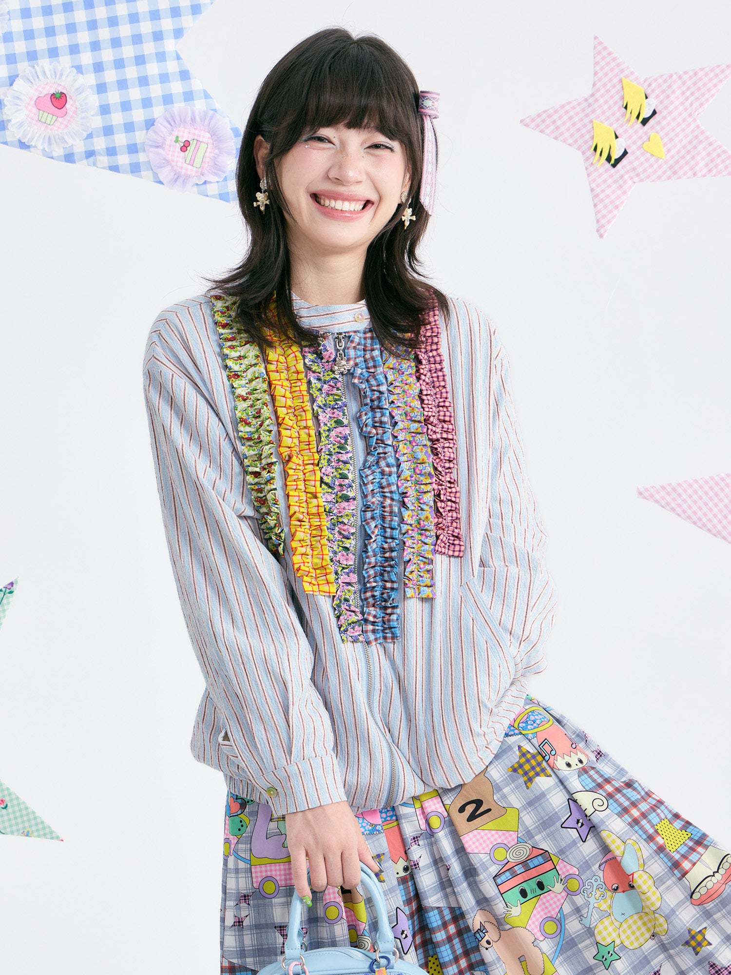 tntntutu - Blue Stripe Colorful Ruffle Collar Jacket jacket tntntutu