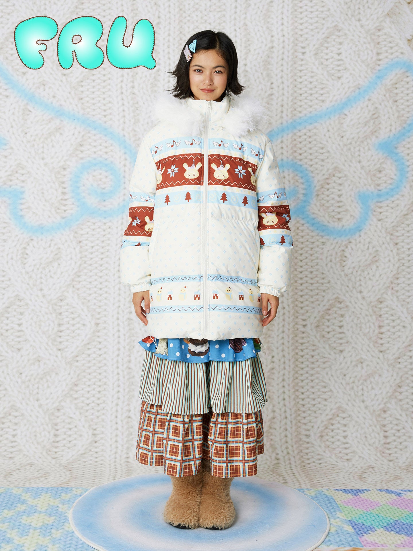 frufru - Kawaii Fair Isle Hooded Down Coat coat frufru