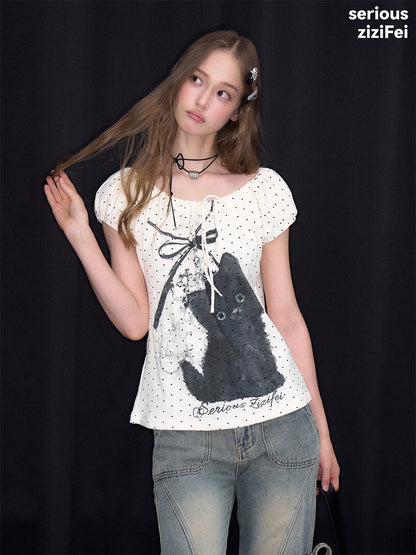 ziziFei - Cat Star Off-Shoulder Bubble Sleeve Tee tshirt ziziFei