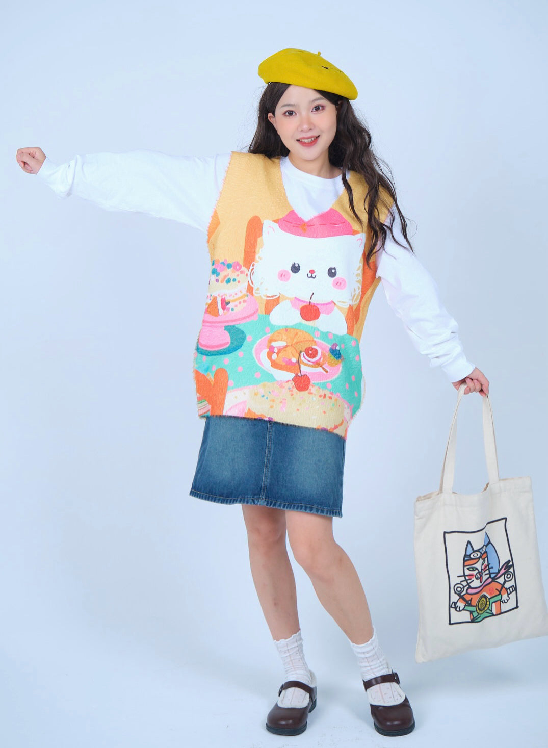 MeowMeow Bug – Decora Kei Tea Time Cat Knit Vest vest MeowMeow Bug